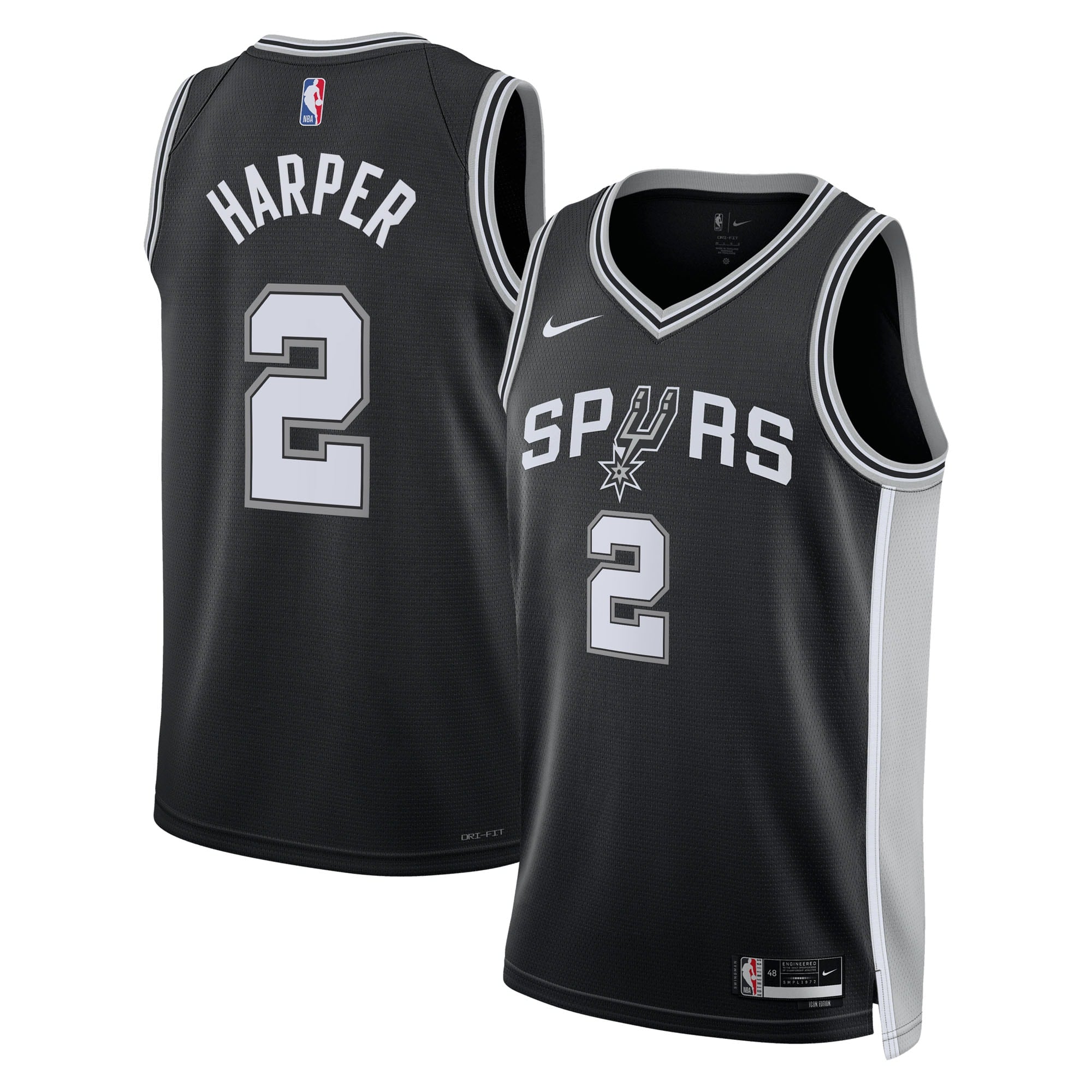 San Antonio Spurs Nike Icon Edition Swingman Jersey NBA 2025 First Round Draft Pick - Black - Dylan Harper - Youth